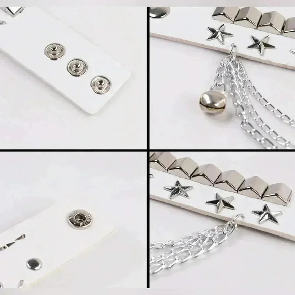 White Leather Punk Goth Rock Star Chain Metal Stud Snap Chain Cuff Bracelet NWT - Picture 5 of 5